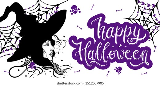 Happy Halloween web banner with witch,spiderweb,bones and skulls