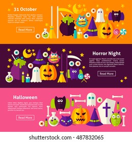 Happy Halloween Web Horizontal Banners. Flat Style Vector Illustration for Website Header. Trick or Treat Objects.