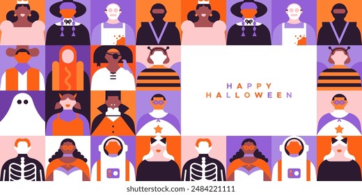Happy halloween web template illustration with diverse people in costume. Funny geometric flat cartoon character crowd online banner. Party invitation, internet holiday event design. 
