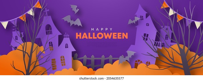 Happy Halloween web template paper cut illustration of creepy haunted house with bats in 3d papercut art style. Scary abandoned mansion design for party invitation or celebration event.