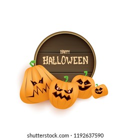 Happy Halloween web wooden board label with Halloween scary pumpkins isolated on white background . Funky kids Halloween banner with greeting text 