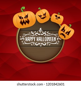 Happy Halloween web wooden board label with Halloween scary pumpkins isolated on red background . Funky kids Halloween banner or button with greeting text