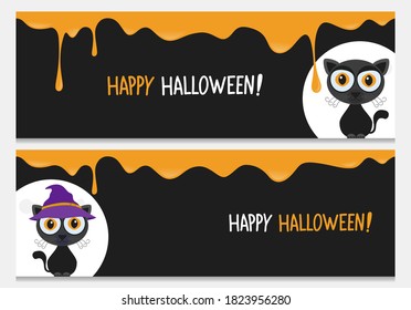 Happy halloween website banner set with cute black cat.Vector happy halloween banners from halloween collection.