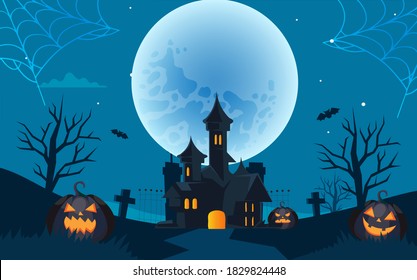 Happy Halloween website banners or party invitation. Vector illustration with haunted house, graveyard , bats ,trees, pumpkin, in moon background.