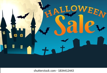 Happy Halloween website banners or party invitation. Vector illustration with haunted house, graveyard , bats , in moon background.