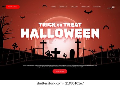 Happy Halloween Website Design. Flat Halloween Landing Page Template with silhouettes of pumpkins, bats and haunted house