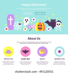 Happy Halloween Website Design. Flat Style Vector Illustration for Web Banner and Landing Page. Trendy 80s Colors.