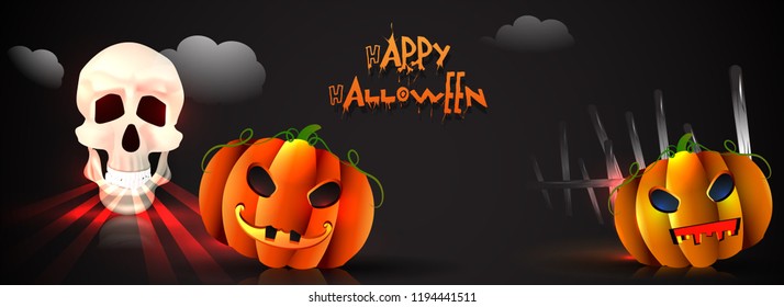 Happy Halloween website header or banner design with scary pumpkins and human skull on black cloudy background.