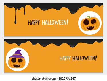 Happy halloween Website Header Set mit Kürbischarakter.Vector Happy Halloween Banner aus halloween Sammlung.