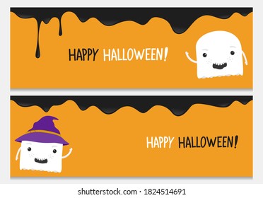 Happy halloween website header set with cartoon ghost character.Vector happy halloween banners from halloween collection.