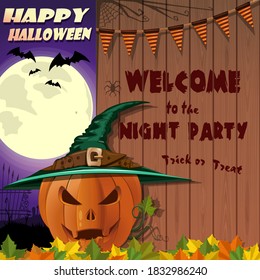 Happy Halloween. Welcome to the night party. Trick or treat. Halloween banner design. Vector illustration