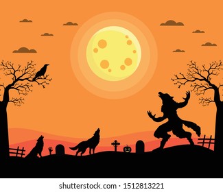 Happy Halloween. Werewolf with black wolf and full moon. Design template and web for banner, poster, greeting card. Vector illustration