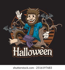 Feliz Halloween Hombre lobo hombre en el cementerio del bosque Noche con murciélago para insignia y etiqueta engomada, Anuncio, parche, tarjeta de felicitación, camiseta e invitación Vector ilustración de dibujos animados retro