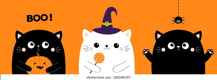 Happy Halloween. White black cat set holding pumpkin, sweet candy. Hanging spider insect. Witch hat cap. Boo. Cute kawaii cartoon character. Baby pet animal. Flat design. Orange background. Vector