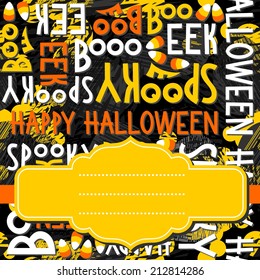 Happy halloween white black yellow orange letters and sweets autumn holiday colorful seamless pattern on dark background with blank yellow retro frame on orange ribbon seasonal card invitation