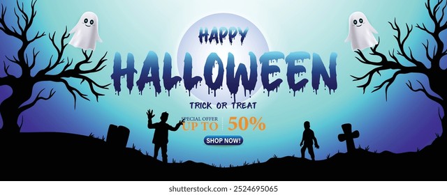 Feliz Halloween com fundo branco e azul, sombra de zumbis, fantasmas e 50% oferecer, compre agora