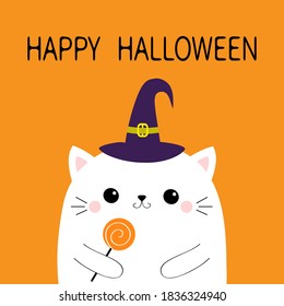 Happy Halloween. White cat holding sweet candy. Witch hat cap. Cute kawaii cartoon character. Baby pet animal collection. Flat design. Orange background. Vector illustration