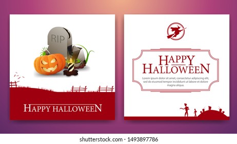 Happy Halloween, white creative greeting double-sided square card ready to print with illustration tombstone and pumpkin Jack