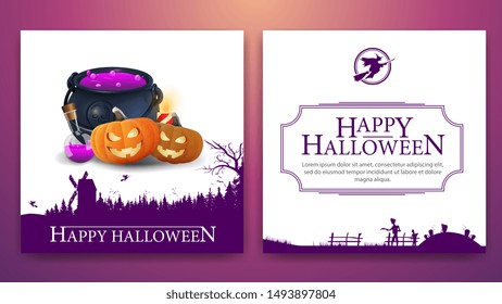 Happy Halloween, white creative greeting double-sided square card ready to print with illustration witch's cauldron and pumpkin Jack