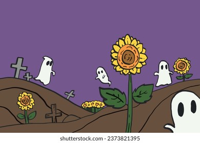 Happy Halloween white ghost with sunflower
