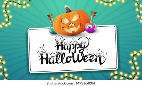 Happy Halloween, white greeting postcard in the form of paper sheet, with fun pumplin Jack and witch's potion