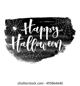 Happy halloween white hand lettering greeting with spider and spiderwebs on black grunge banner background