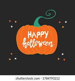 Happy Halloween. White handwritten lettering on orange pumpkin with doodle stars on black background. Vector stock illustration.