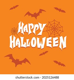 Happy Halloween, white letters with shadow, spider web, and bats on the orange background.  Vector illustration. Hand digital lettering for a banner, poster, greeting card, and invitation.Halloween.