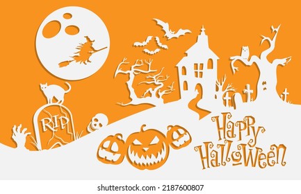 Happy Halloween white paper cut on orange design for holiday night party festivel background vector illustration.