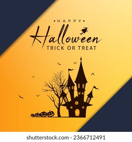 Happy halloween wish card background with wish text and flying bats above creepy tree and hunted house