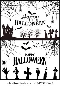 Happy Halloween wish poster with scary castle and cemetery with monsters, bats and spiders. Vector illustration with horror location on white background