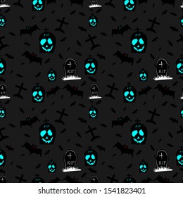 Happy Halloween wish vector seamless pattern with text and headstone, bat ghost vector eps