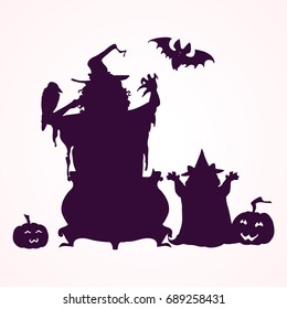 Happy Halloween witch attributes. Black Witch and Wizard Silhouettes (flying, making magic) in magic hat, isolated on white. Hand drawn vector illustration.