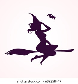 Happy Halloween witch attributes. Black Witch and Wizard Silhouettes (flying, making magic) in magic hat, isolated on white. Hand drawn vector illustration.