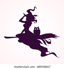 Happy Halloween witch attributes. Black Witch and Wizard Silhouettes (flying, making magic) in magic hat, isolated on white. Hand drawn vector illustration.