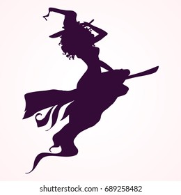 Happy Halloween witch attributes. Black Witch and Wizard Silhouettes (flying, making magic) in magic hat, isolated on white. Hand drawn vector illustration.