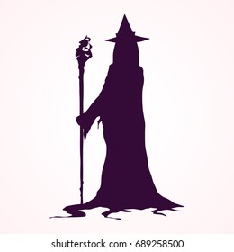 Happy Halloween witch attributes. Black Witch and Wizard Silhouettes (flying, making magic) in magic hat, isolated on white. Hand drawn vector illustration.