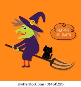 Happy Halloween witch and black cat. Cloud in the sky. Orange background. Flat design Vector illustration.