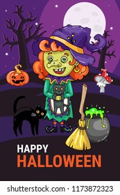 Happy Halloween - Witch, broom, black cat and cauldron with potion. Party theme vector illustration for cards, posters, flyers