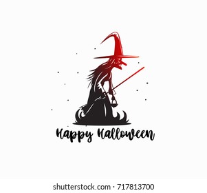 Happy halloween witch with cap on broom icon, scary, fear, devil, celebration, festival, night, bat, vector illustration