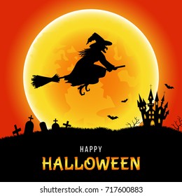  Happy Halloween.   Witch,  castle  and moon on red and black  background.  Vector  template   for  card, flyer or party  invitation.