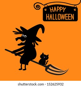 Happy Halloween  witch and cat card. Vector illustration.