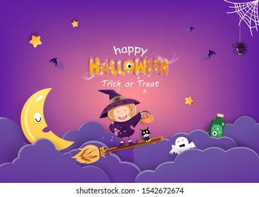 Happy Halloween, witch with cat, cloud papercutting, greeting card, invitation poster holiday vector background illustration