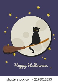 Happy Halloween. Witch cat sitting on a broom on a background of the moon and stars. Vector image for postcard or banner.