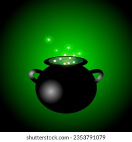 Happy Halloween, witch cauldron magic potion, green glowing gradient 3d vector EPS10.