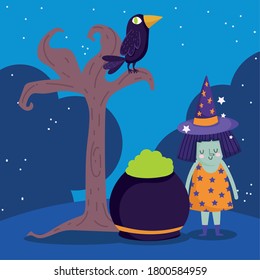 happy halloween, witch cauldron raven in tree trick or treat party celebration vector illustration