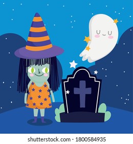 happy halloween, witch cemetery tombstone and ghost trick or treat party celebration vector illustration