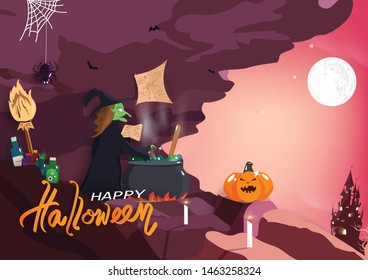 Happy Halloween, witch cooking with magic, mystery fantasy, greeting card invitation poster background vector