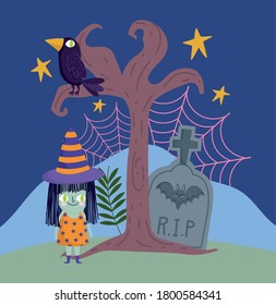 happy halloween, witch costume tombstone bat raven night sky trick or treat party celebration vector illustration