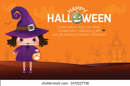 Happy Halloween witch cute girl and pumpkin, halloween banner, halloween trick or Treating background, Template for advertising brochure Vector Illustration.